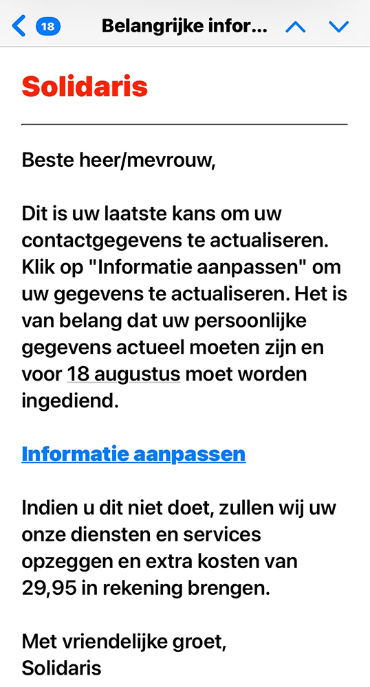 Voorbeeld van een phishing e-mail